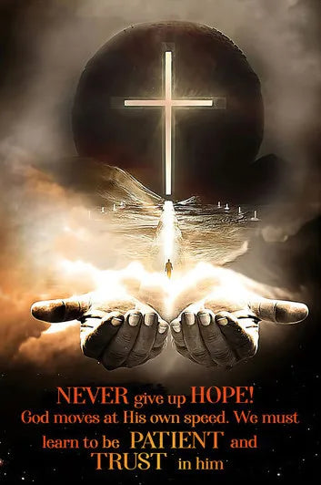 A dramatic image featuring a glowing cross over a dark sphere and open hands, with text encouraging patience and trust in God