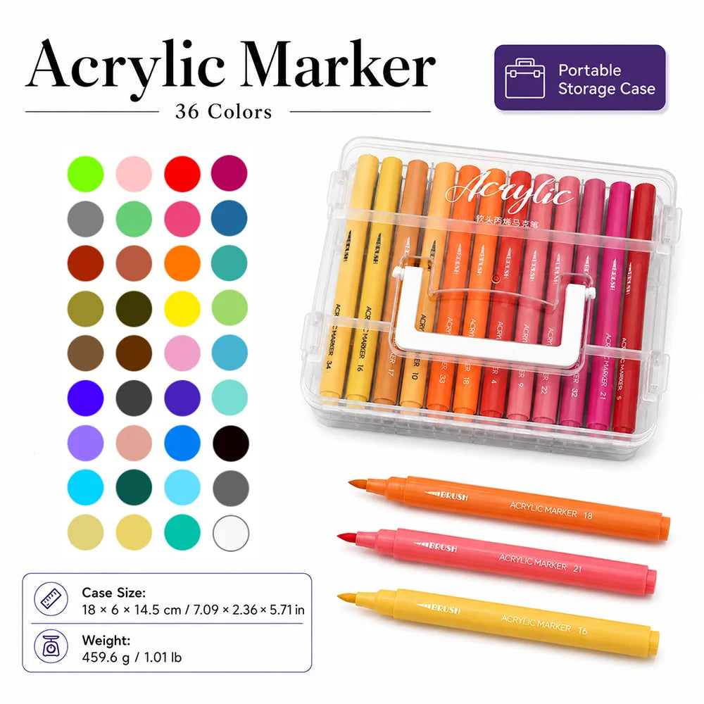 A set of 36 colored acrylic markers in a portable storage case, showing various colors and sizes.