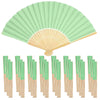 A fan of light green paper with a natural bamboo frame and accompanying gift bags and thank you cards.