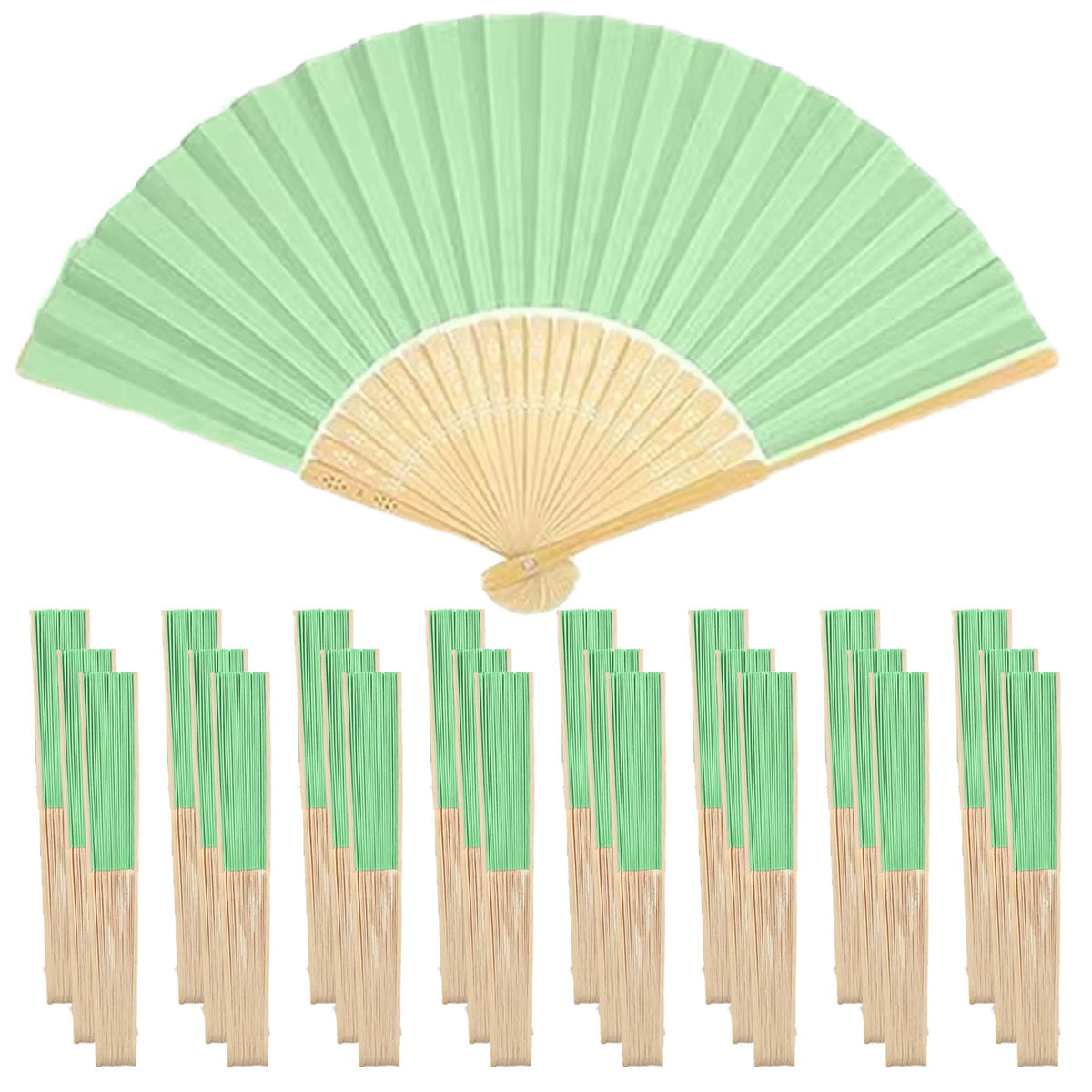 A fan of light green paper with a natural bamboo frame and accompanying gift bags and thank you cards.
