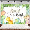 A watercolor illustration of cartoon dinosaurs in a Jurassic woodland theme for a boy's birthday party backdrop.