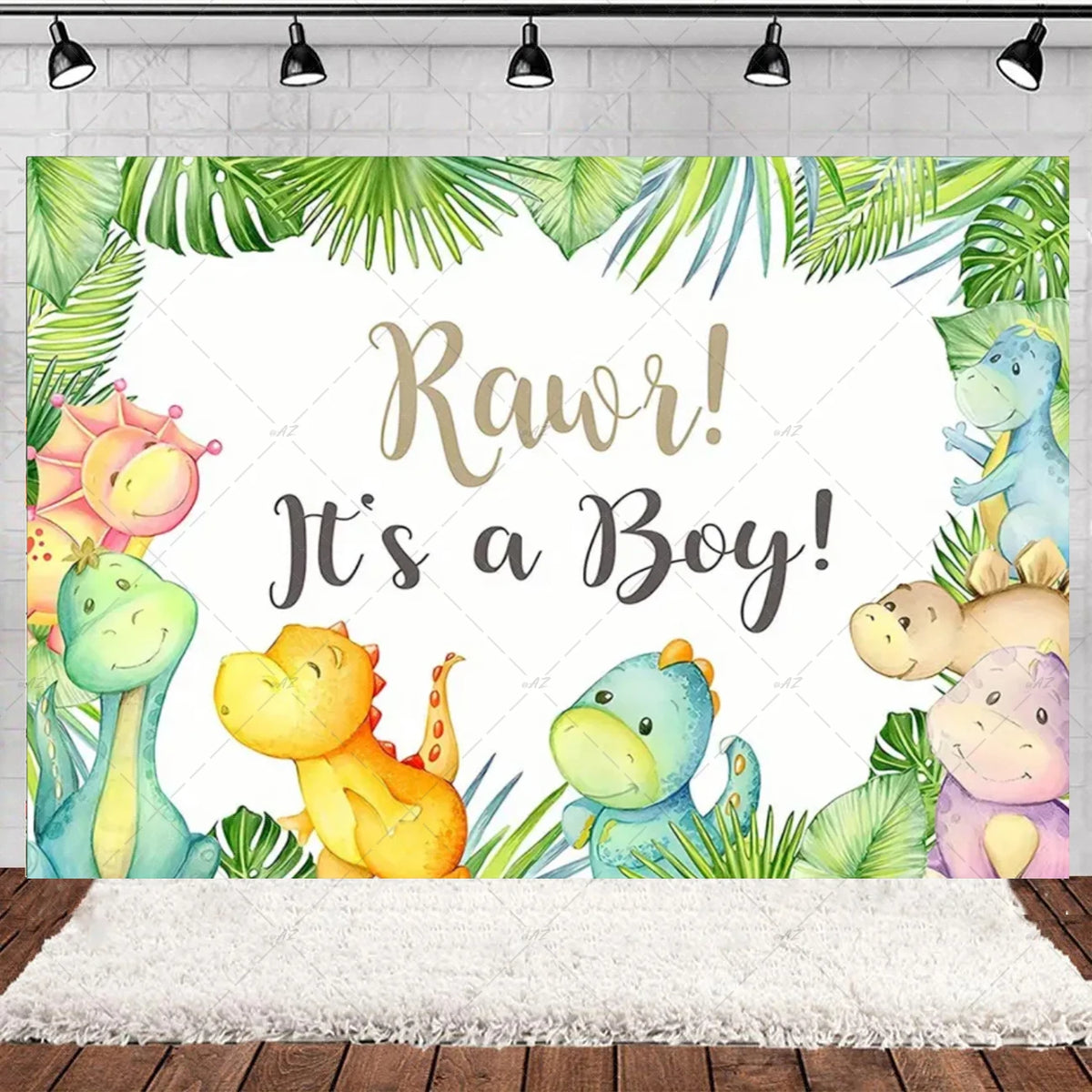 A watercolor illustration of cartoon dinosaurs in a Jurassic woodland theme for a boy's birthday party backdrop.