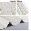 Close-up view of white 3D foam brick wallpaper panels showing texture and layered structure.