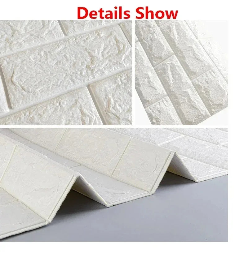 Close-up view of white 3D foam brick wallpaper panels showing texture and layered structure.