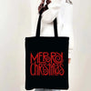 A black tote bag featuring red text that reads Merry Christmas
