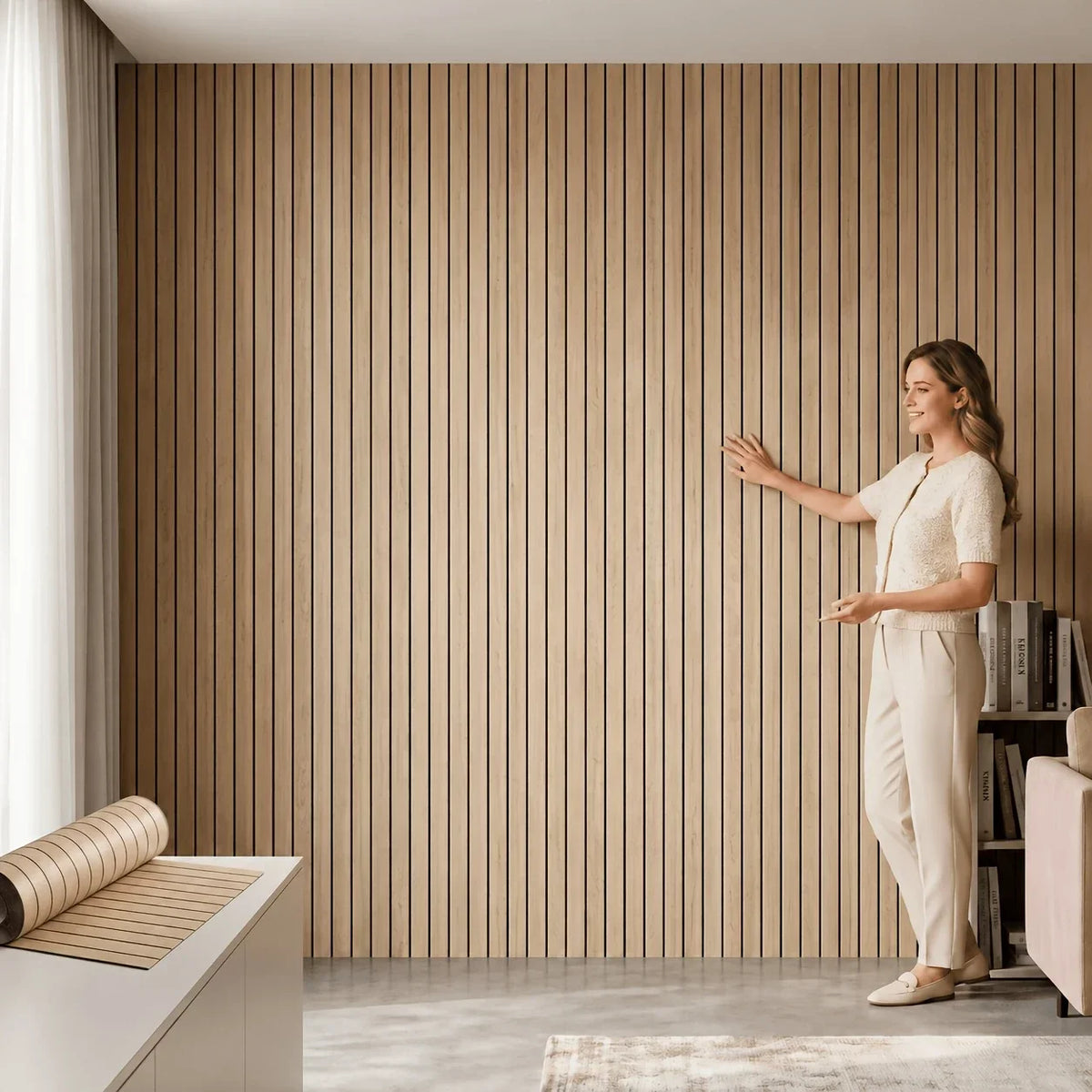 A woman stands in a room with vertical wood-grain wallpaper, gesturing toward the wall.