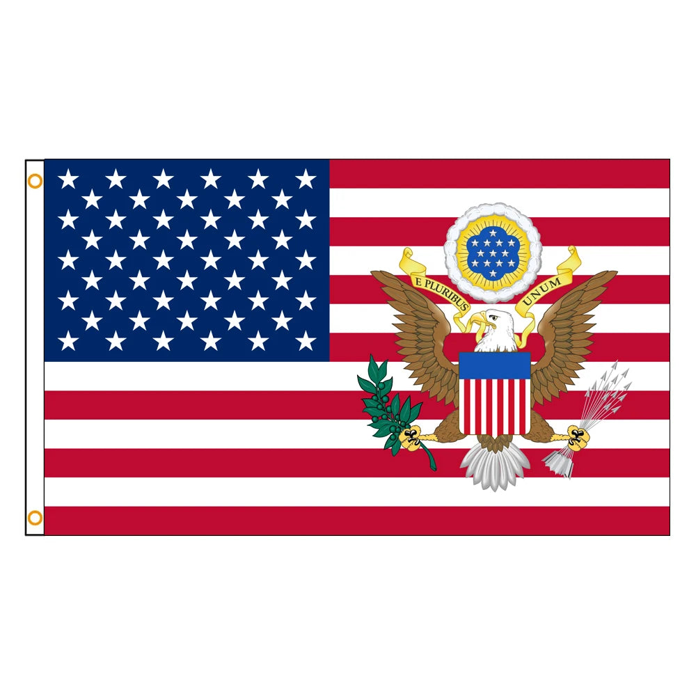 A flag design featuring the American flag pattern with an eagle emblem.