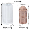 A silicone mold for a mosque-shaped candle, showing the mold and a finished candle.