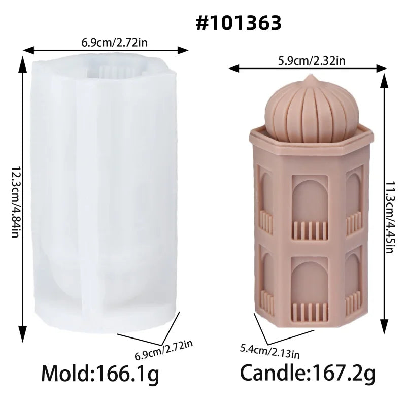 A silicone mold for a mosque-shaped candle, showing the mold and a finished candle.