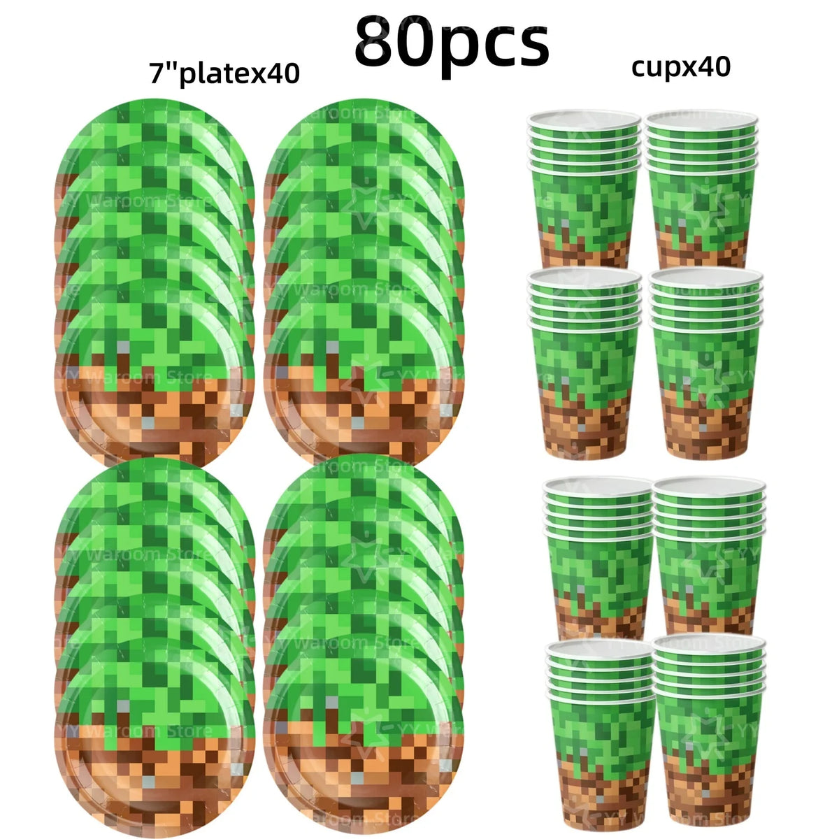 A set of 80 green miner theme party decorations including tableware and cups