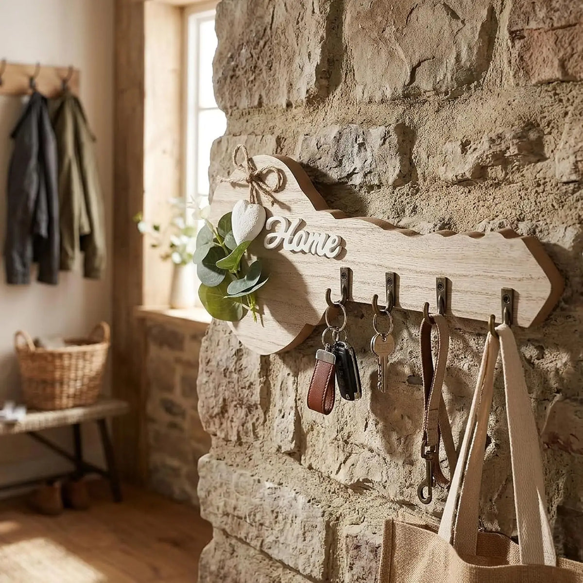 Rustic wooden key holder with a heart accent and four hooks mounted on a stone wall.