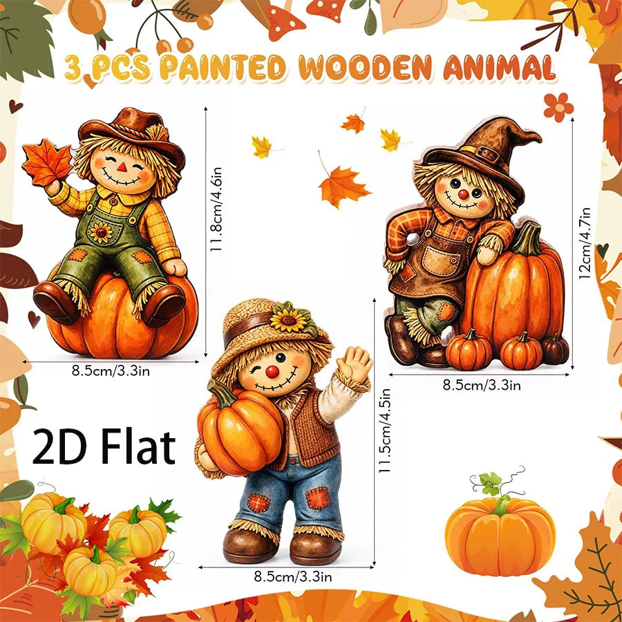 A set of three painted wooden animal figures, including a scarecrow and pumpkins, for autumn decor.
