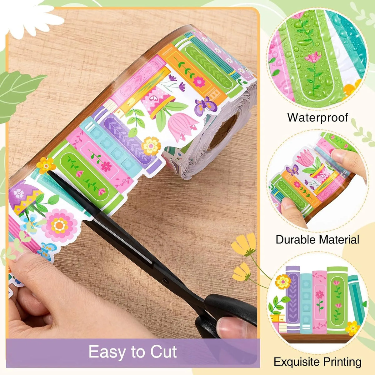A roll of wildflower bookshelf border decorative stickers showing the easy cutting and durable material.