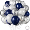 A bunch of chrome latex balloons in silver and navy blue colors.