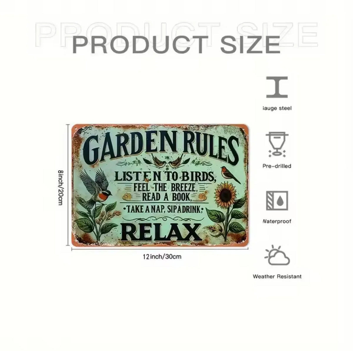 Vintage metal garden sign with the quote Garden Rules Listen to Birds Feel the Breeze Read a Book Take a Nap Sip Drink Relax