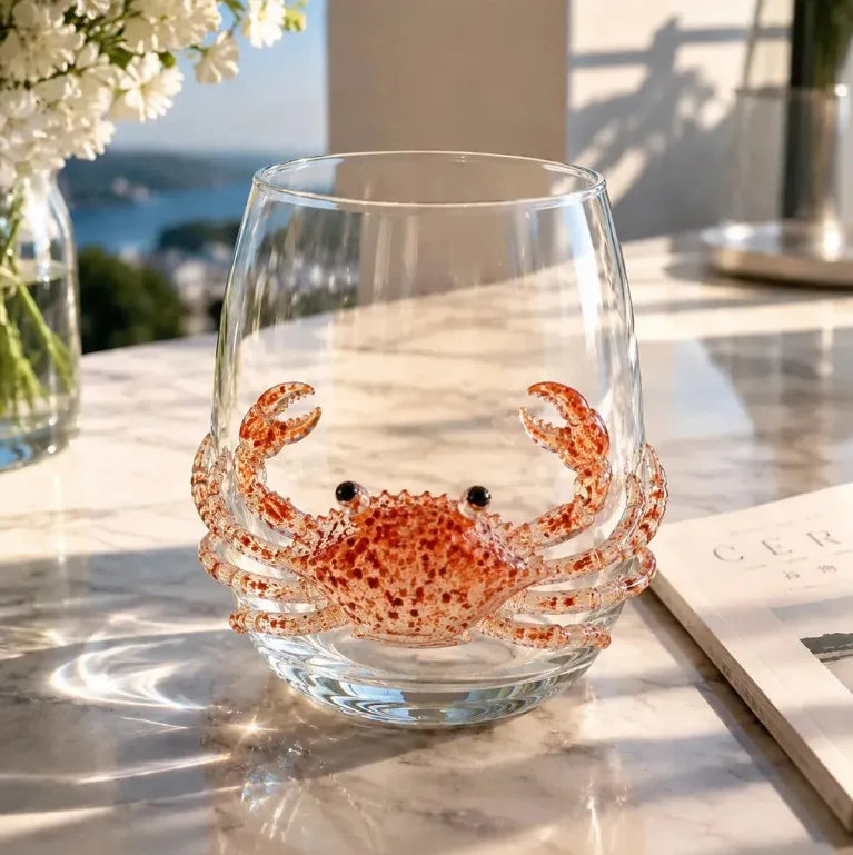 Handcrafted 3D blue-ringed octopus decor inside a clear stemless wine glass on a marble surface.