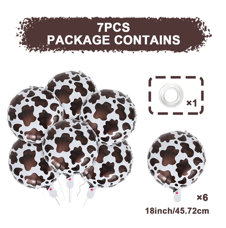 A package containing 7 pieces of brown and white patterned foil balloons, including an opening tool.