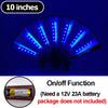 A blue multi-mode LED party fan with an on/off function and a 10 inches diameter.