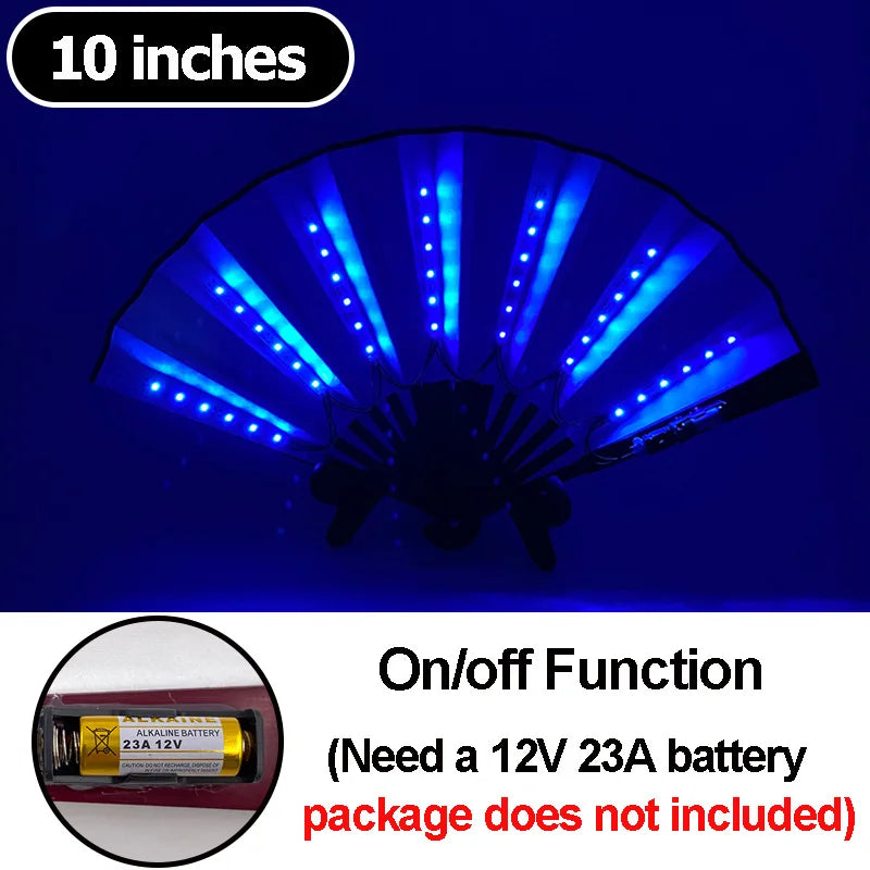 A blue multi-mode LED party fan with an on/off function and a 10 inches diameter.