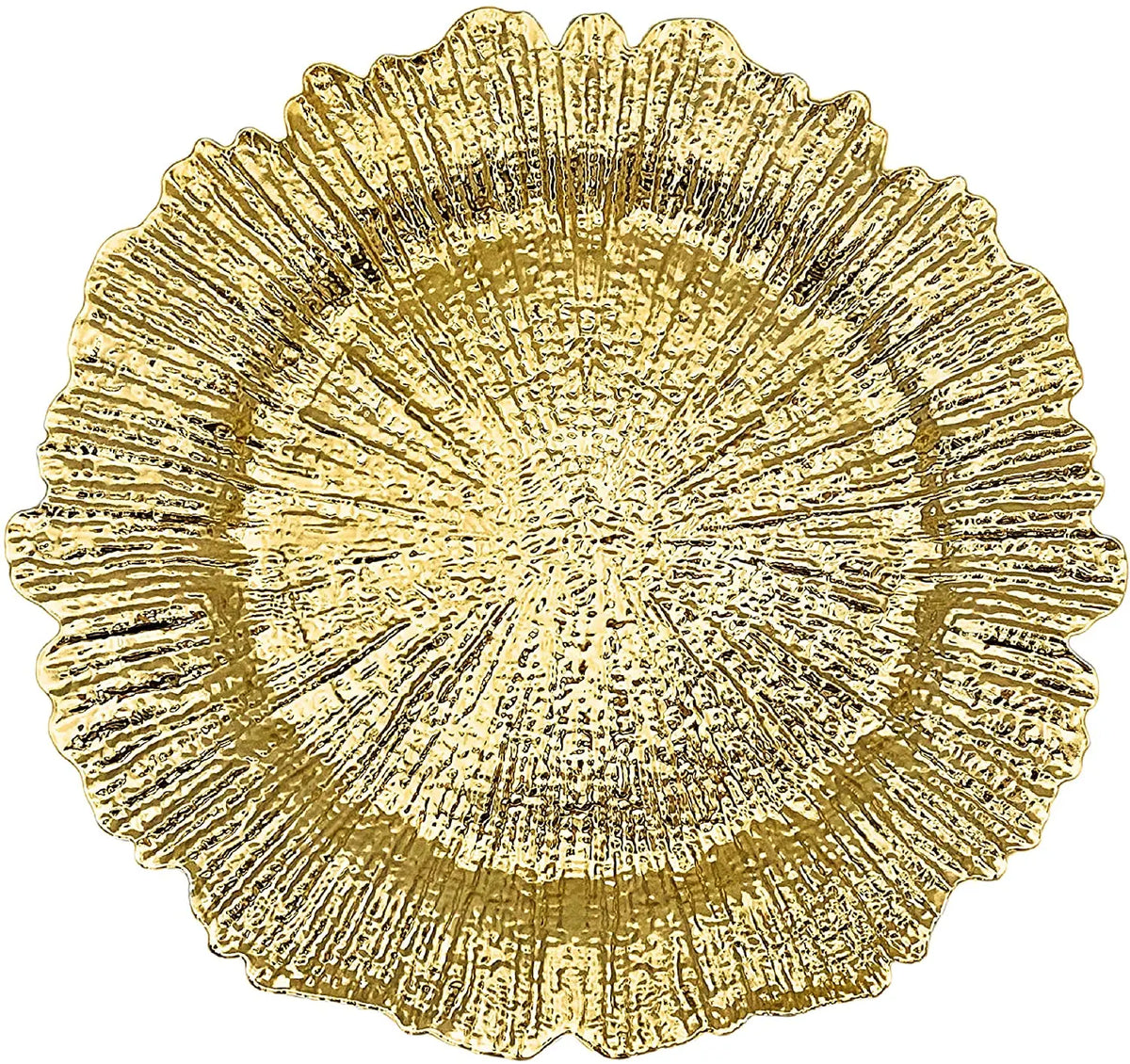 Elegant gold charger plates with a textured, sunburst design.