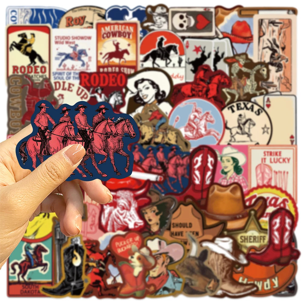 A collection of vintage cowboy graffiti stickers featuring various western themes and figures.