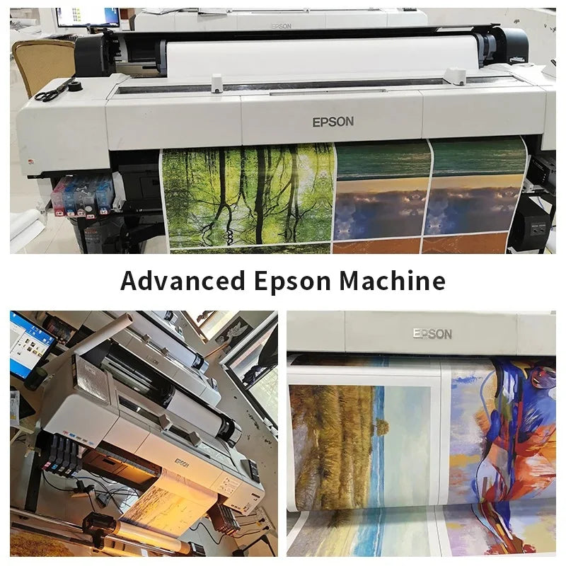 An advanced Epson machine printing colorful landscape canvas wall art.