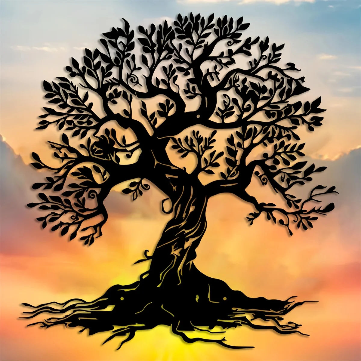 Silhouette of a large tree with roots against a sunset sky.