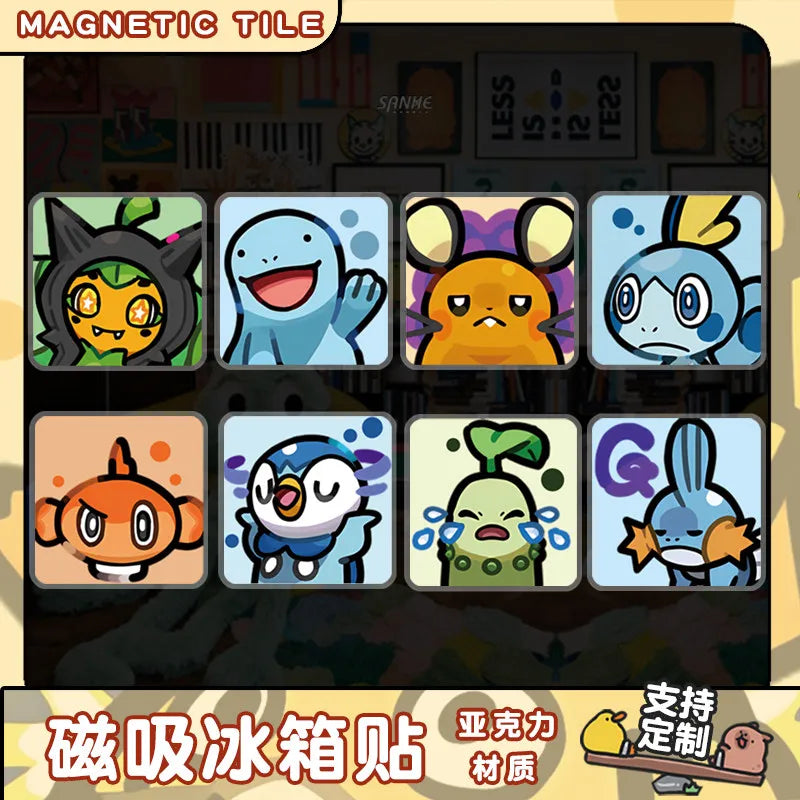 A set of Pokémon Q-Style acrylic fridge magnets featuring various characters like Pikachu, Eevee, and others.