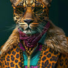 A close-up portrait of a tiger wearing round glasses and a purple scarf against a dark green background.