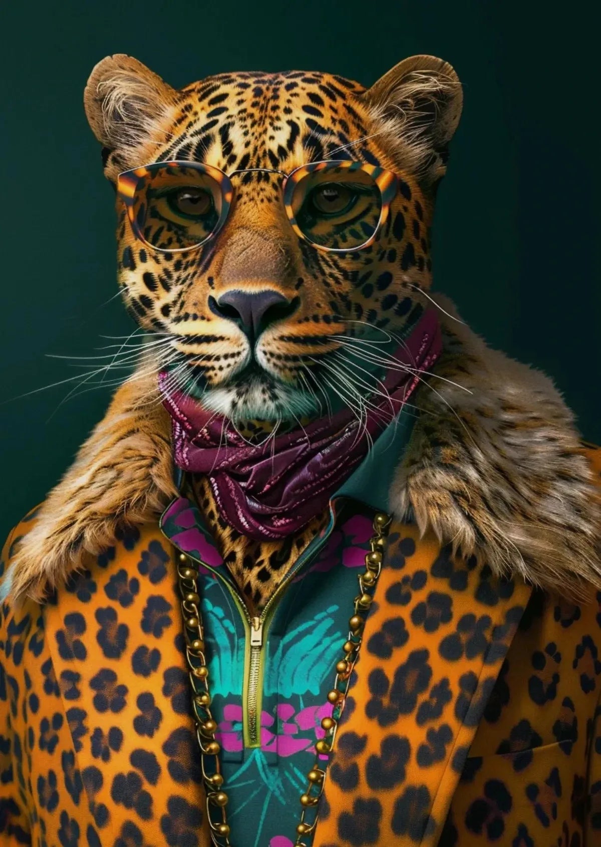 A close-up portrait of a tiger wearing round glasses and a purple scarf against a dark green background.