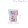 Eight paper cups with pink and blue watercolor designs reading Boy or Girl