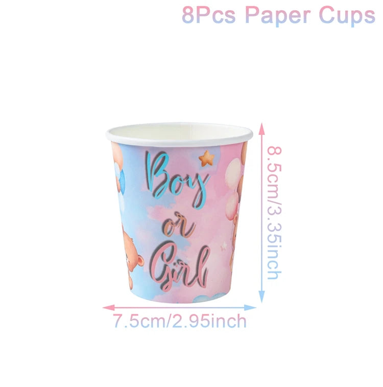 Eight paper cups with pink and blue watercolor designs reading Boy or Girl