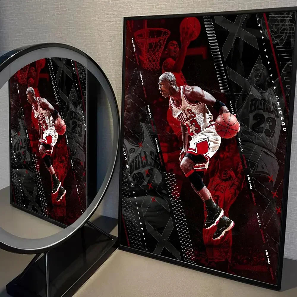 A framed canvas wall art featuring a basketball player in a dynamic pose against a dark background.