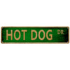 Green metal tin sign with the text HOT DOG DR