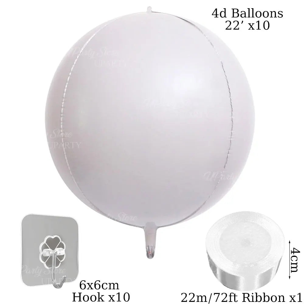 A white 4D balloon, a hook, and ribbon are shown for party decoration.