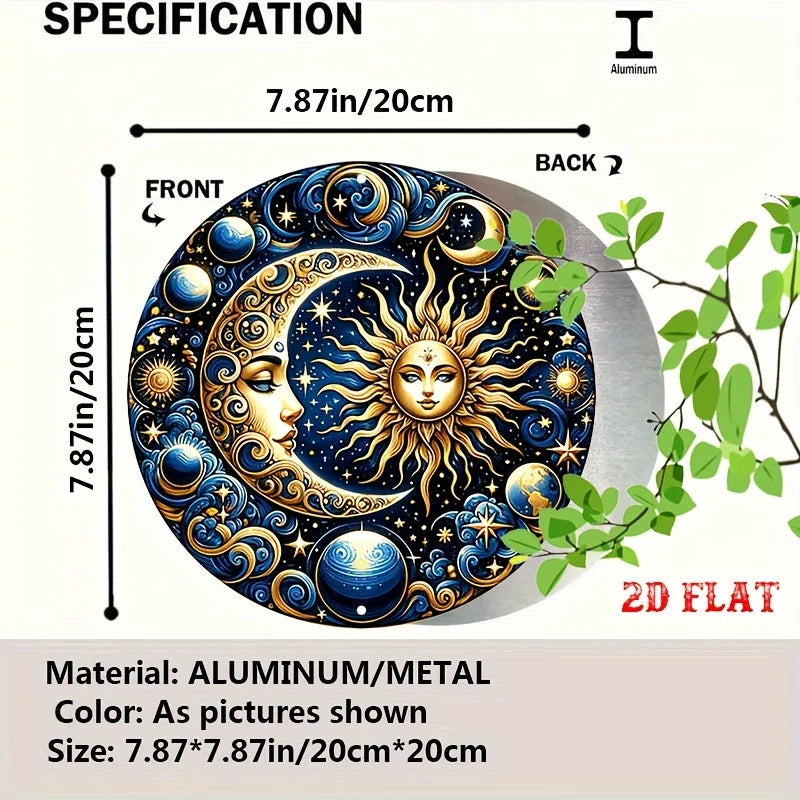 A round metal wall sign featuring a detailed depiction of the sun and moon in gold and blue on a silver background.