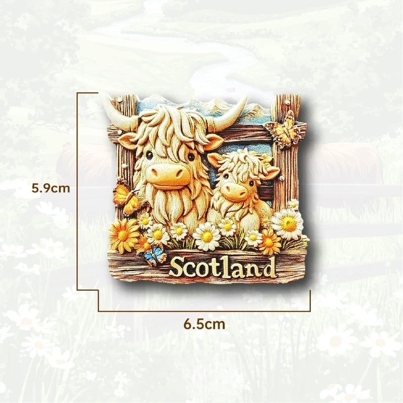 A wooden magnet featuring two adorable shaggy Highland cows with horns and flowers, labeled Scotland.