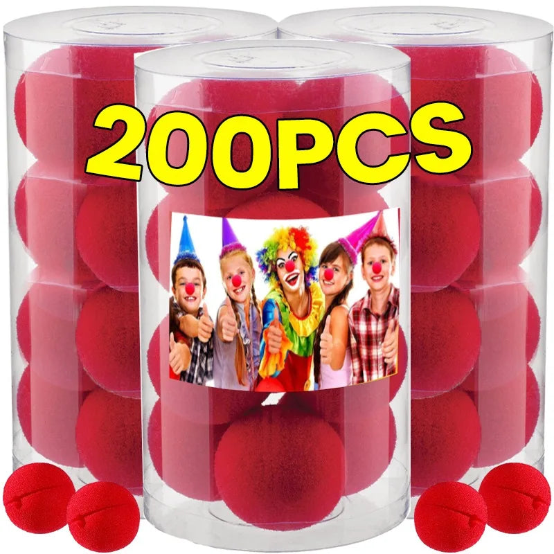 A package of 200 soft red foam balls shaped like clown noses for costumes and parties.