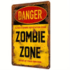 A vintage industrial tin sign with a distressed metal frame and yellow and red warning labels for a zombie infestation zone.