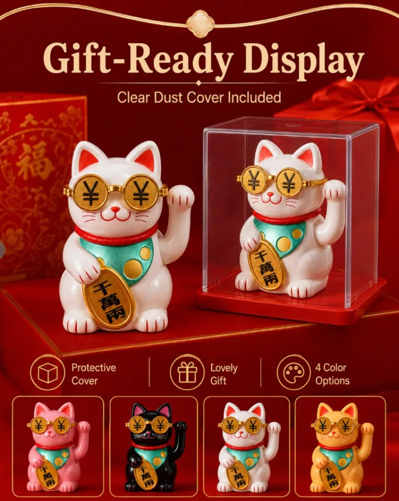 Gift-ready display of a white lucky cat desk ornament with gold-rimmed glasses and a green collar.