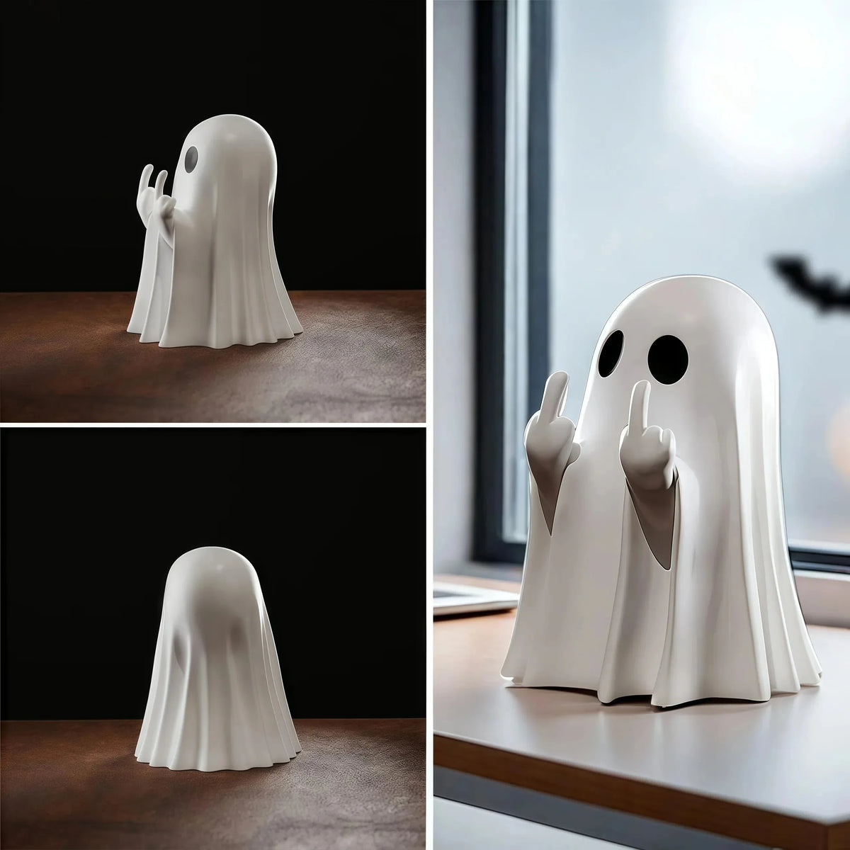 A white ghost figurine with an expressive hand gesture is displayed on a wooden desk.