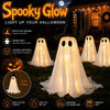 Colección de figuras fantasma blancas con sombreros de bruja, iluminando para decoración de Halloween.