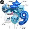 A collection of blue shark foil balloons in various sizes including 15 pieces, with a 32 inch balloon visible.