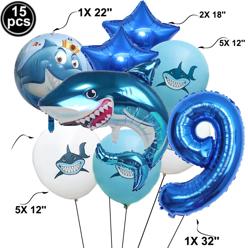 A collection of blue shark foil balloons in various sizes including 15 pieces, with a 32 inch balloon visible.