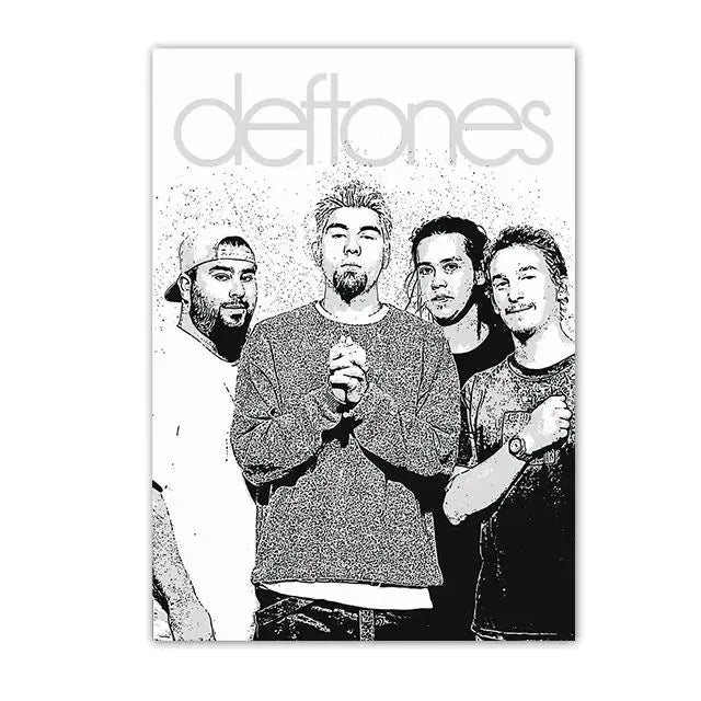 A black and white concert poster featuring the band Deftones with a grainy texture.