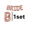 A set of pink letter foil balloons spelling the word BRIDE.