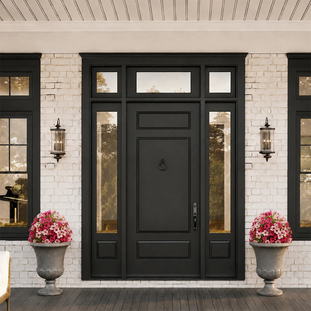 A black door with glass panels is set into a white brick wall, flanked by large potted pink flowers.