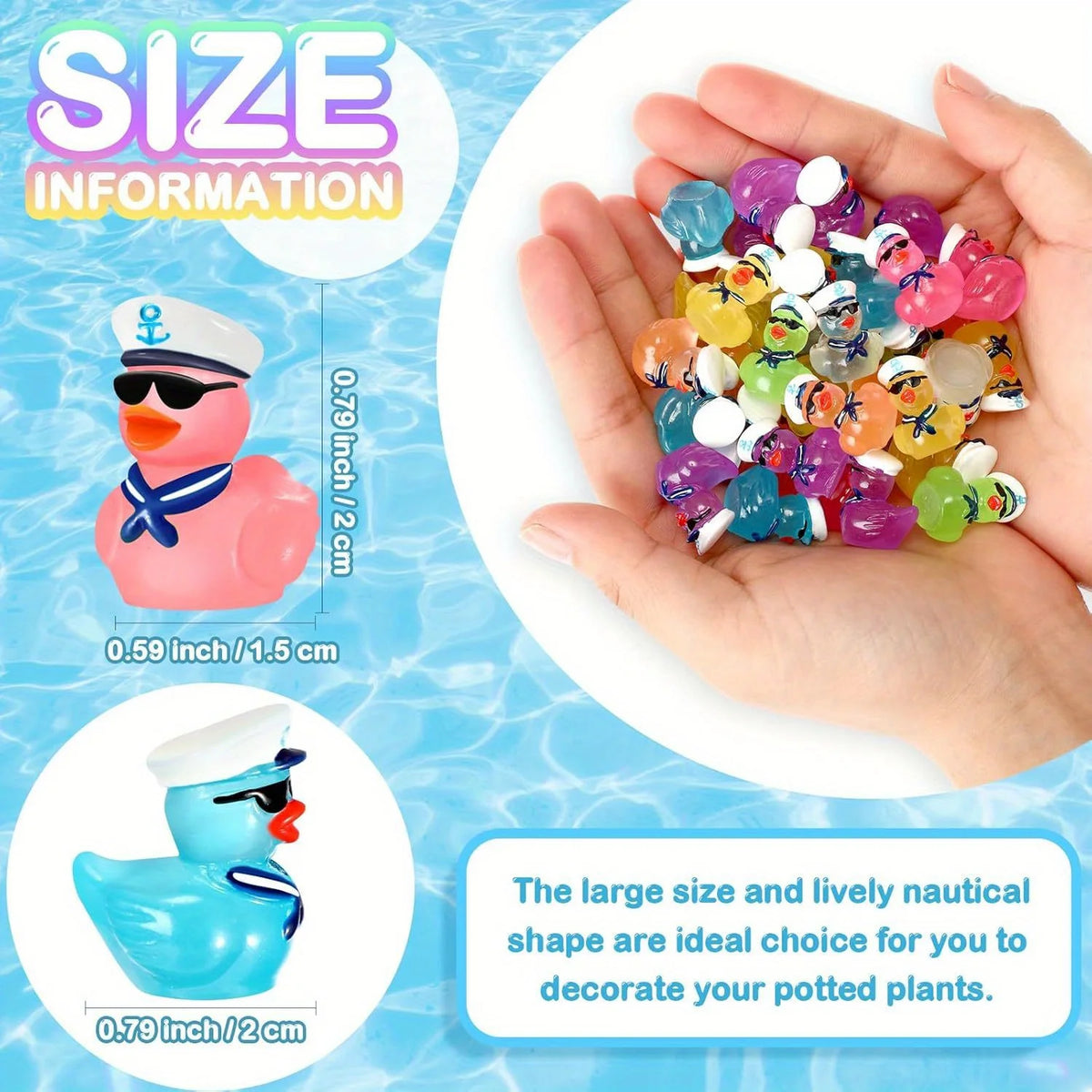 A hand holds a pile of colorful resin cruise ducks with sunglasses for decorating potted plants.