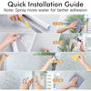 A step-by-step guide showing how to install frosted glass window privacy film using a spray bottle and a cloth.