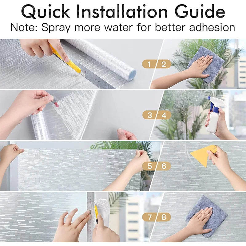 A step-by-step guide showing how to install frosted glass window privacy film using a spray bottle and a cloth.